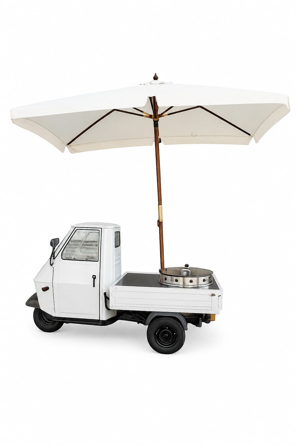 Noleggio Ape Car carretto con ombrellone multifunzione hot dog, caldarroste, zucchero filato, gelato a Milano, in Lombardia e in Italia