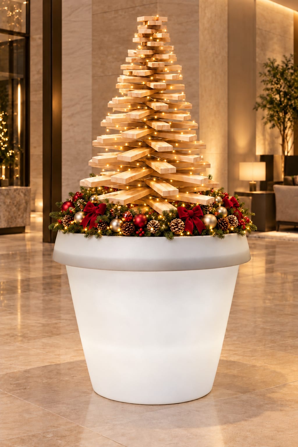 Noleggio addobbi natalizi luminarie a Milano, in Lombardia e in Italia: VASO SLIDE BIG GIO XL TONDO VASO LUMINOSO con albero di Natale in legno