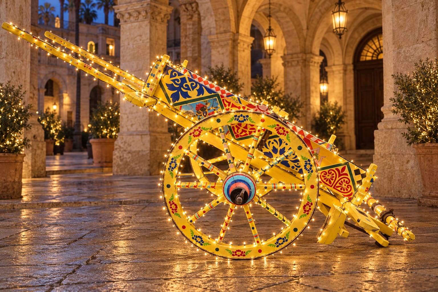 Noleggio addobbi natalizi luminarie a Milano, in Lombardia e in Italia: CARRETTO IN LEGNO IN STILE SICILIANO natalizio