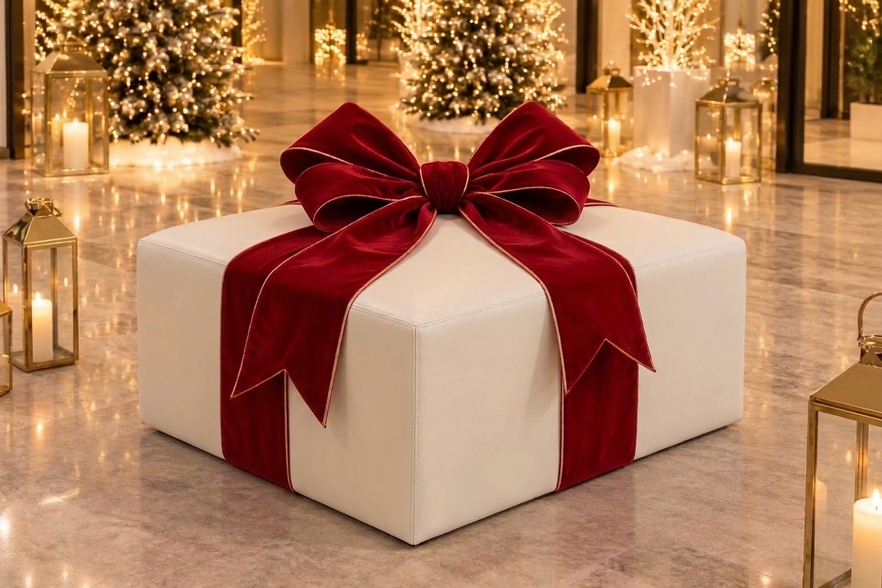 Noleggio addobbi natalizi luminarie a Milano, in Lombardia e in Italia: Pouf Mercurio - pacco natalizio